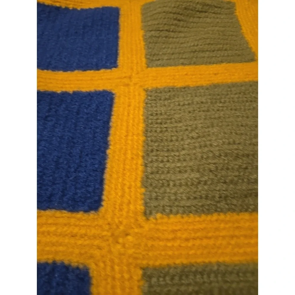 Vintage Crochet Afghan Throw Blanket Handmade 65x36 Yellow Blue Green 1966